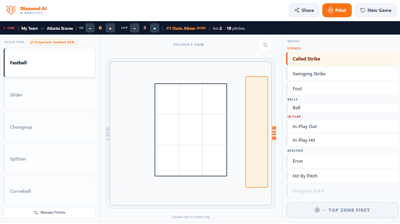 Diamond Analytics Now live pitch charting screen with pitch types, strike zone, and play results