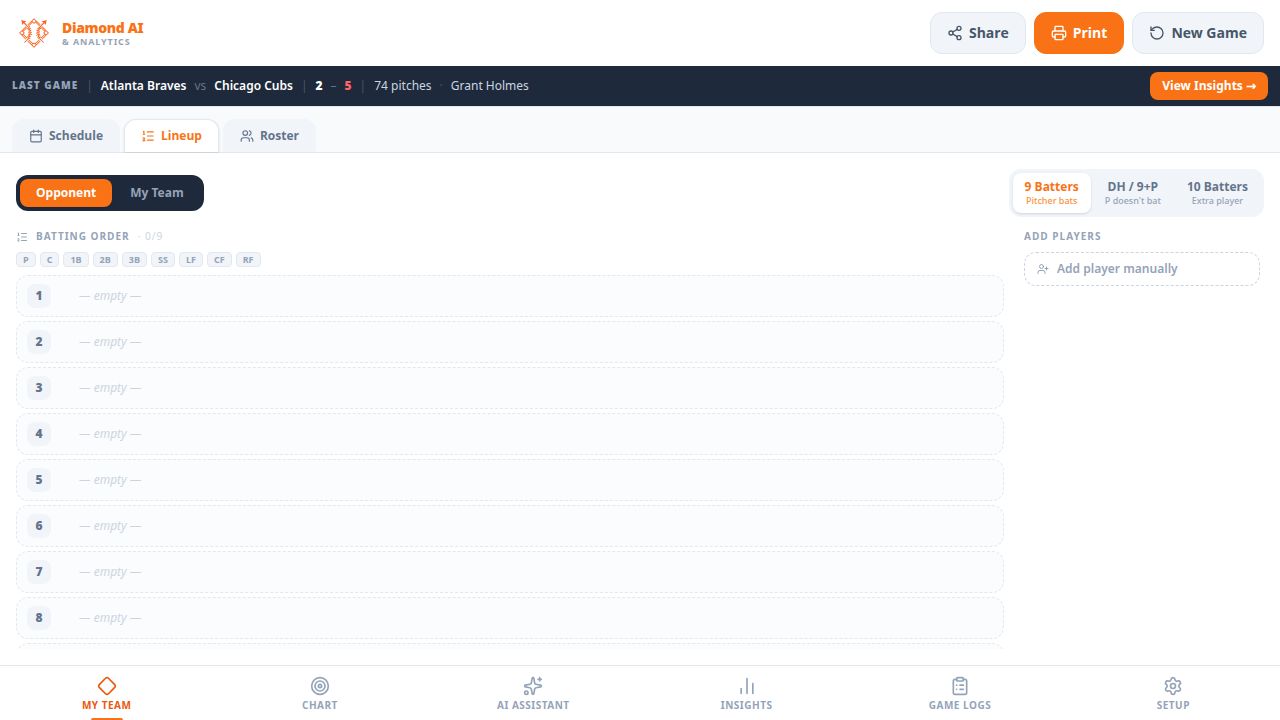 Diamond Analytics Now lineup and roster management screen